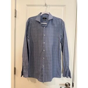 Hugo Boss Sharp Fit Blue Micro Check Dress Shirt Mens 16.5 34/35 Long Sleeve
